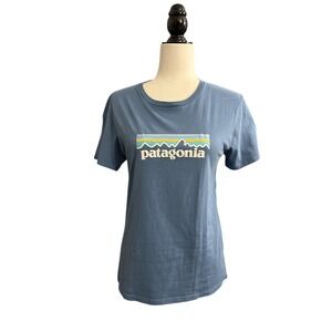 Patagonia Women's Organic Cotton Mountain Logo T Shirt Blue Size XS Regular Fit‎
